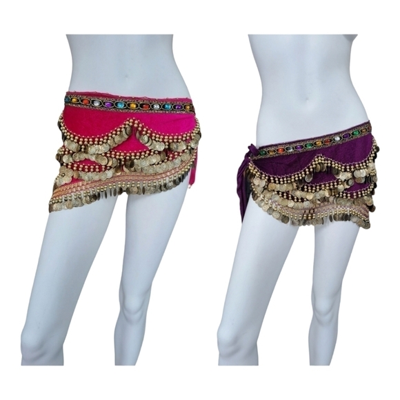 Bellylady set of 2 Belly dance skirt gold coin hip scarf with rhinestones - Picture 2 of 16